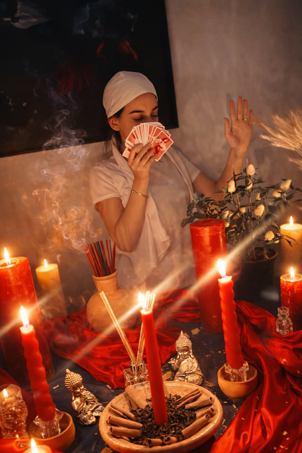 Emilly em ritual com cartas e velas