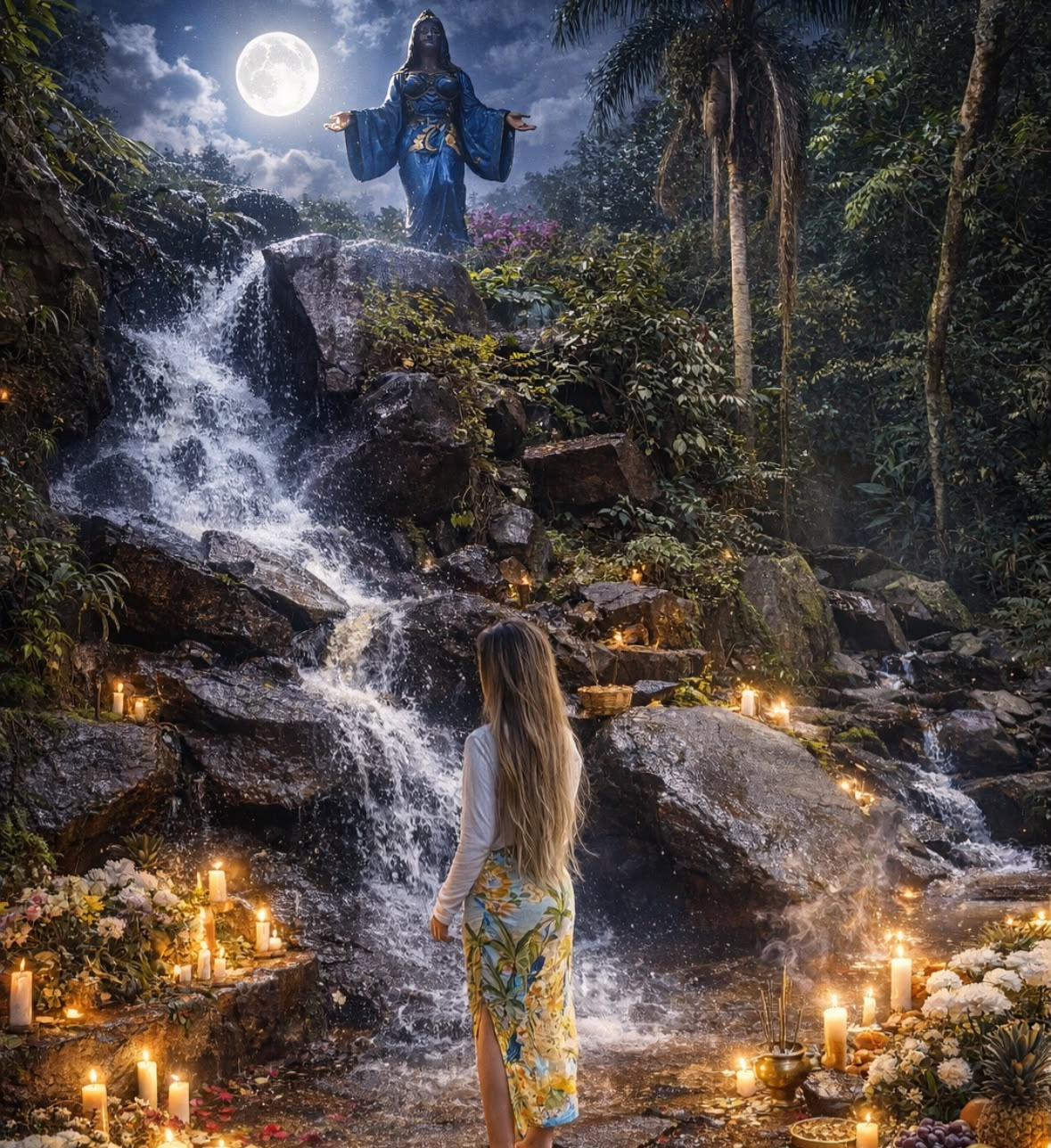 Ritual noturno em cachoeira sagrada
