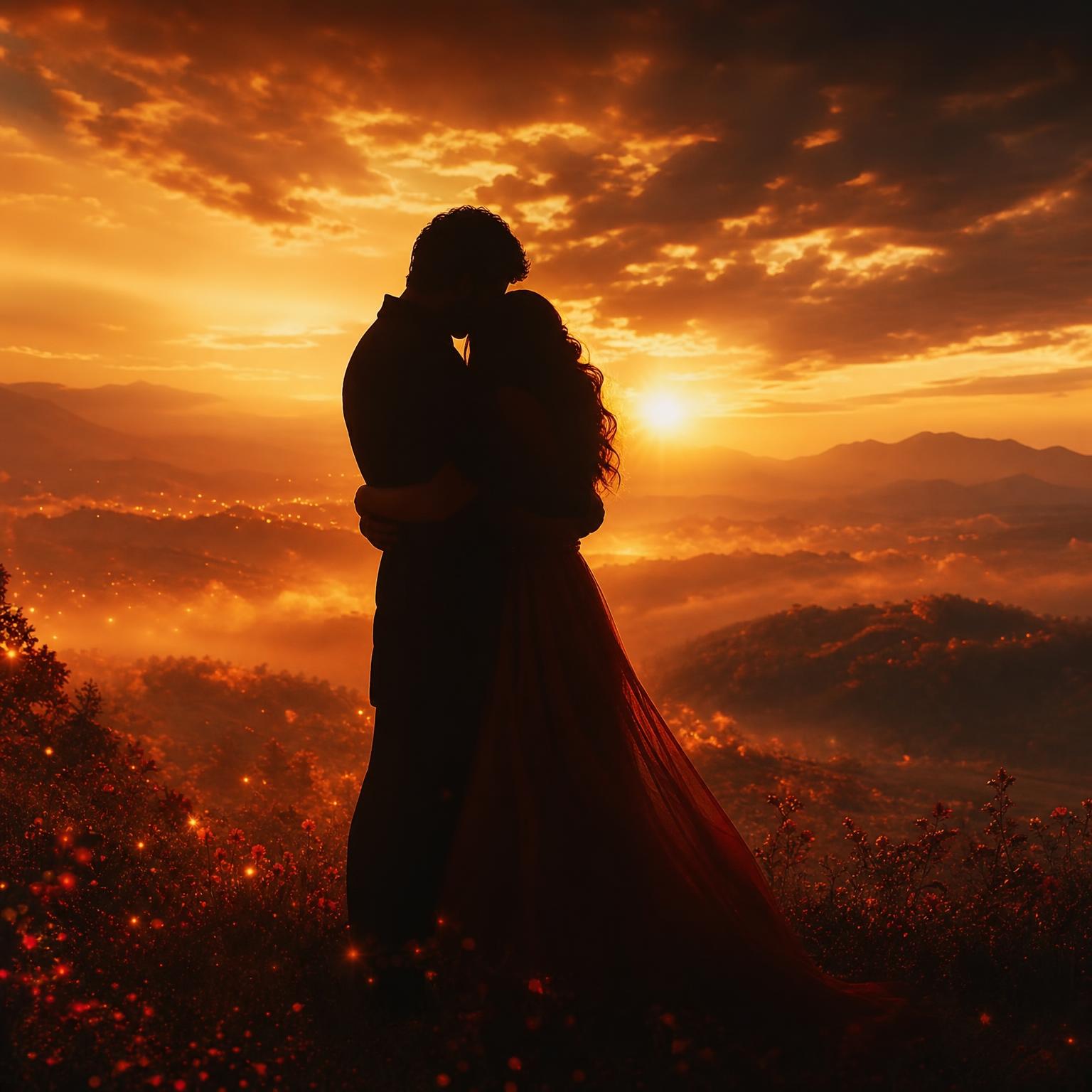 Silhueta de um casal se abraçando em uma paisagem ao pôr do sol